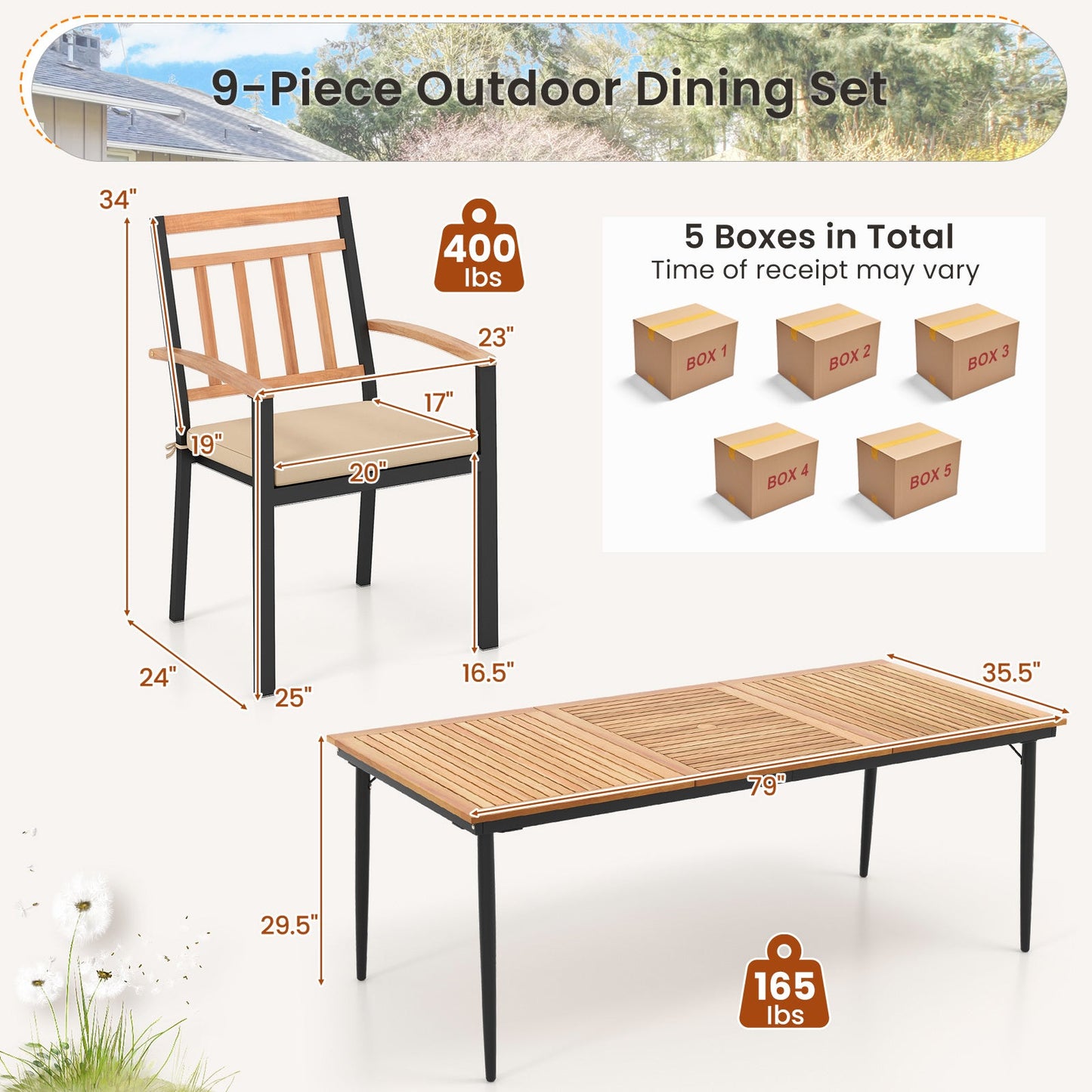 Juego de comedor de patio de 9 piezas con 8 sillones de madera