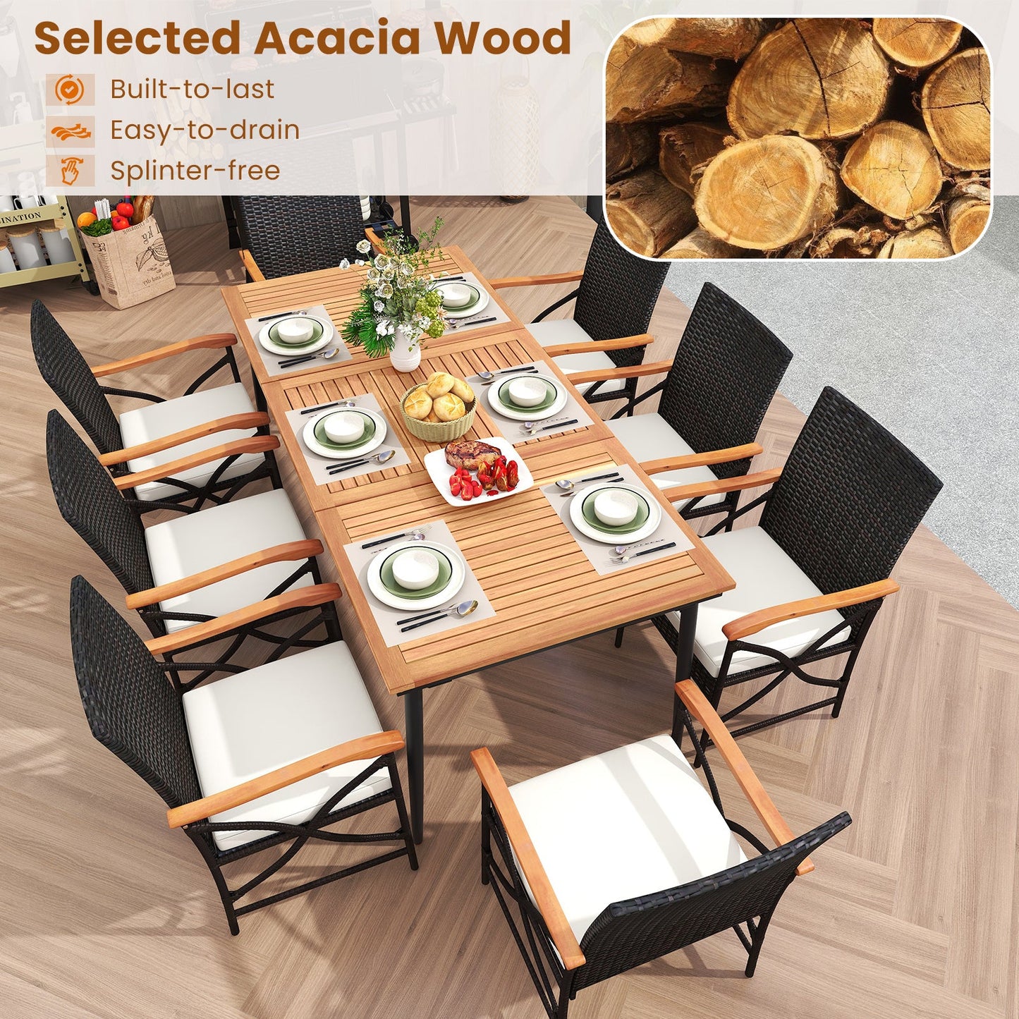 Mesa de comedor de madera de acacia para exterior de 79 pulgadas y 8 sillas de comedor de ratán con orificio para sombrilla