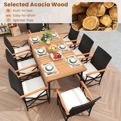 Mesa de comedor de madera de acacia para exterior de 79 pulgadas y 8 sillas de comedor de ratán con orificio para sombrilla