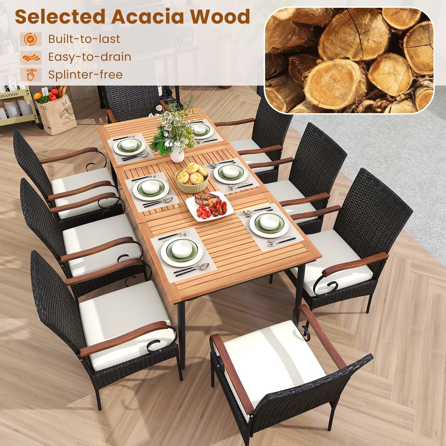 Mesa de comedor de exterior de 79 pulgadas y 8 sillas de comedor de ratán con tablero de madera de acacia