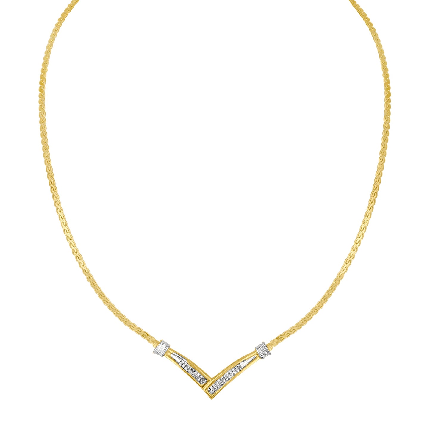 10K yellow and white gold V-shaped pendant on 18-inch chain with princess-cut diamonds on Tampa Home & Garden Store