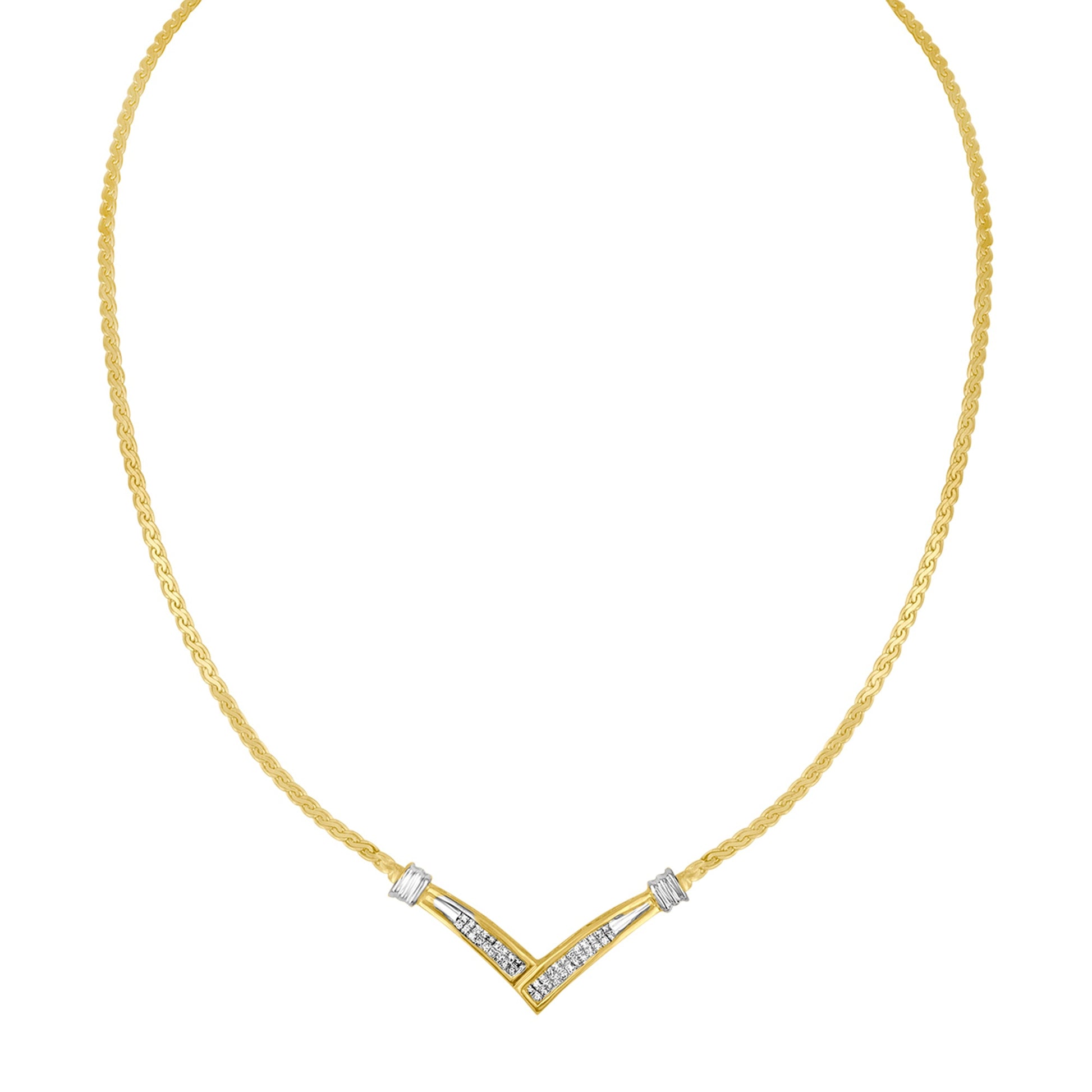 10K yellow and white gold V-shaped pendant on 18-inch chain with princess-cut diamonds on Tampa Home & Garden Store