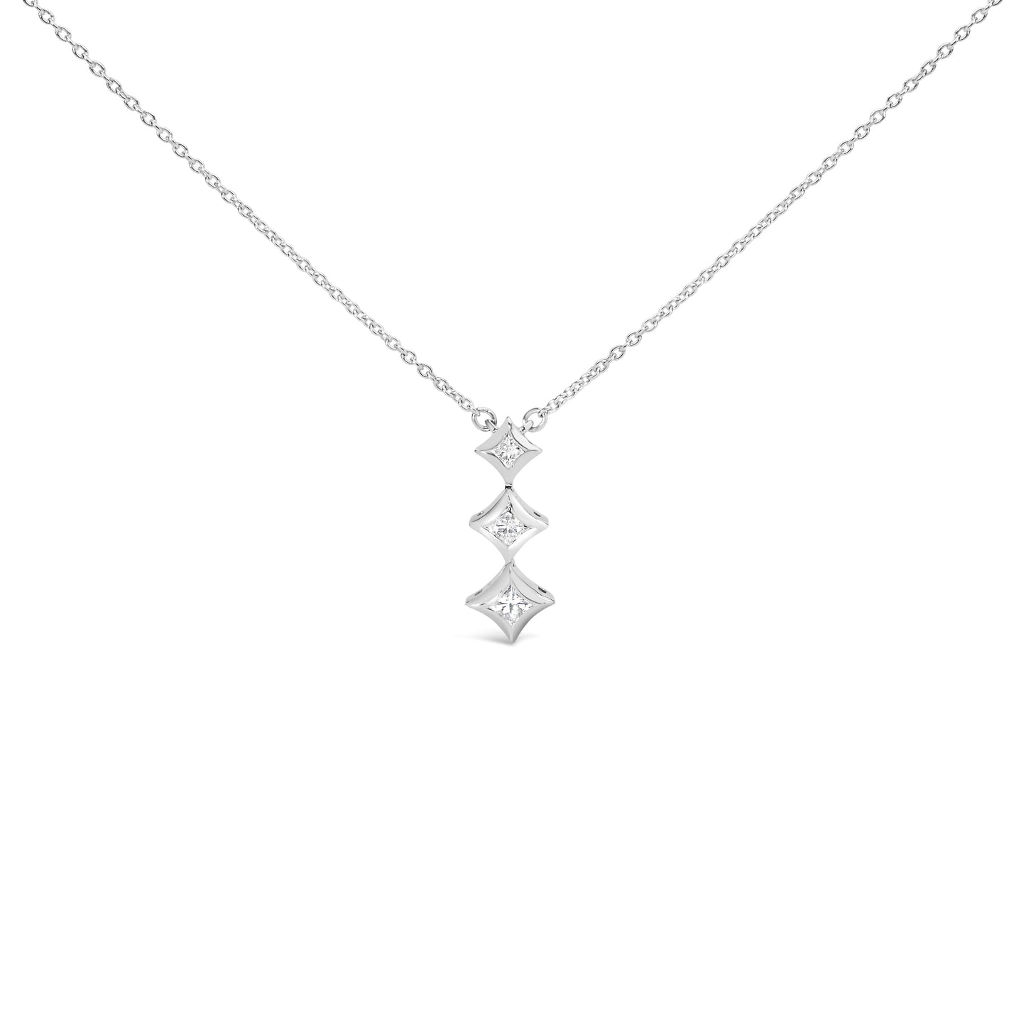 Three-stone diamond drop necklace in 10K white gold with 1/5 Cttw princess-cut diamonds on an 18-inch chain on Tampa Home & Garden Store
