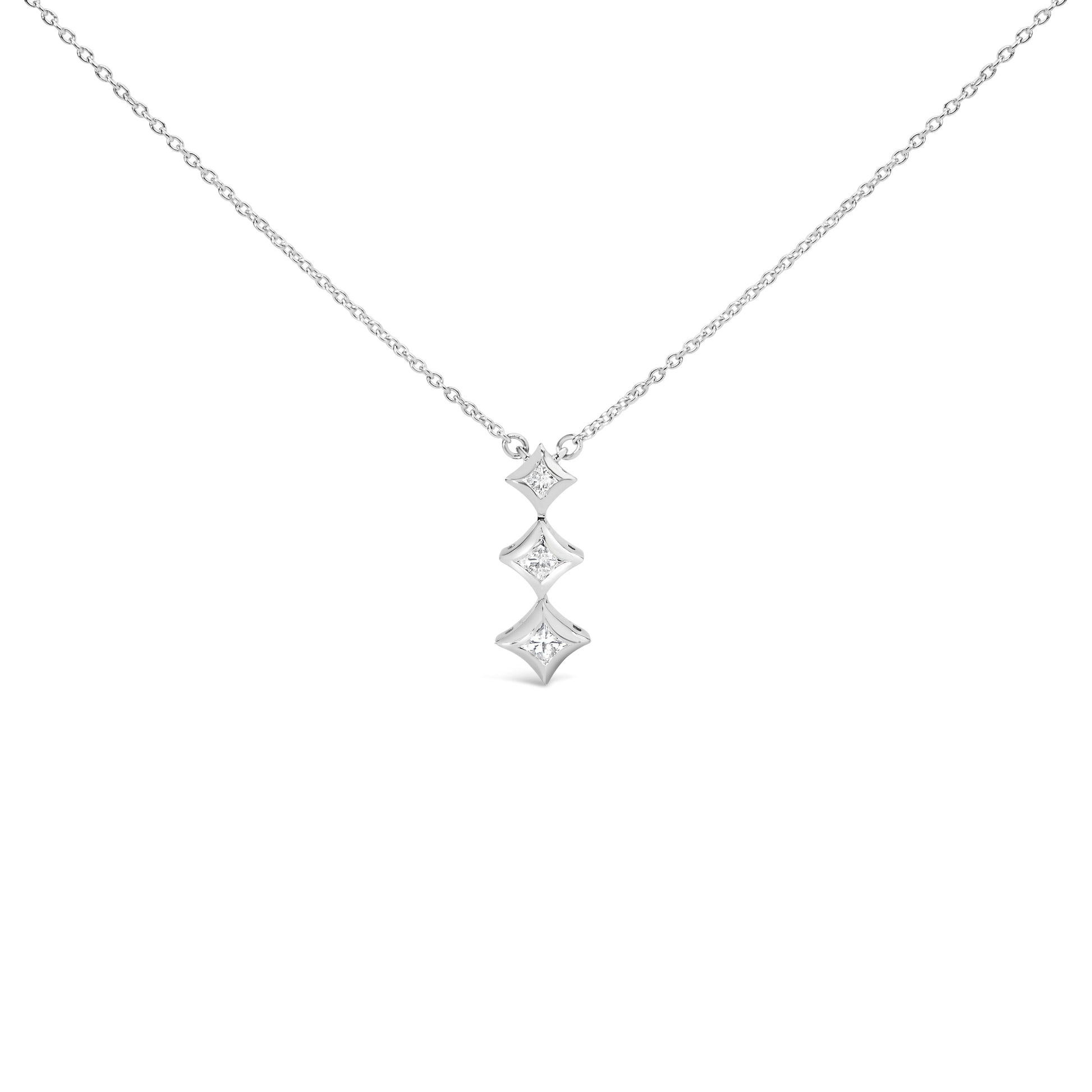 Three-stone diamond drop necklace in 10K white gold with 1/5 Cttw princess-cut diamonds on an 18-inch chain on Tampa Home & Garden Store