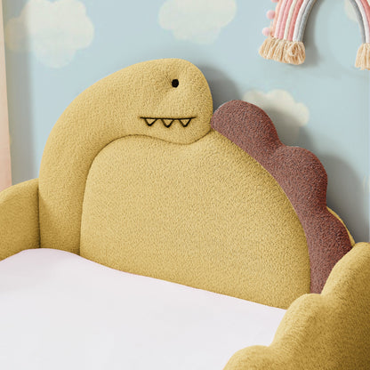 Twin size dinosaur-shaped bed with guardrails; plush yellow dinosaur head against pastel clouds on Tampa Home & Garden Store