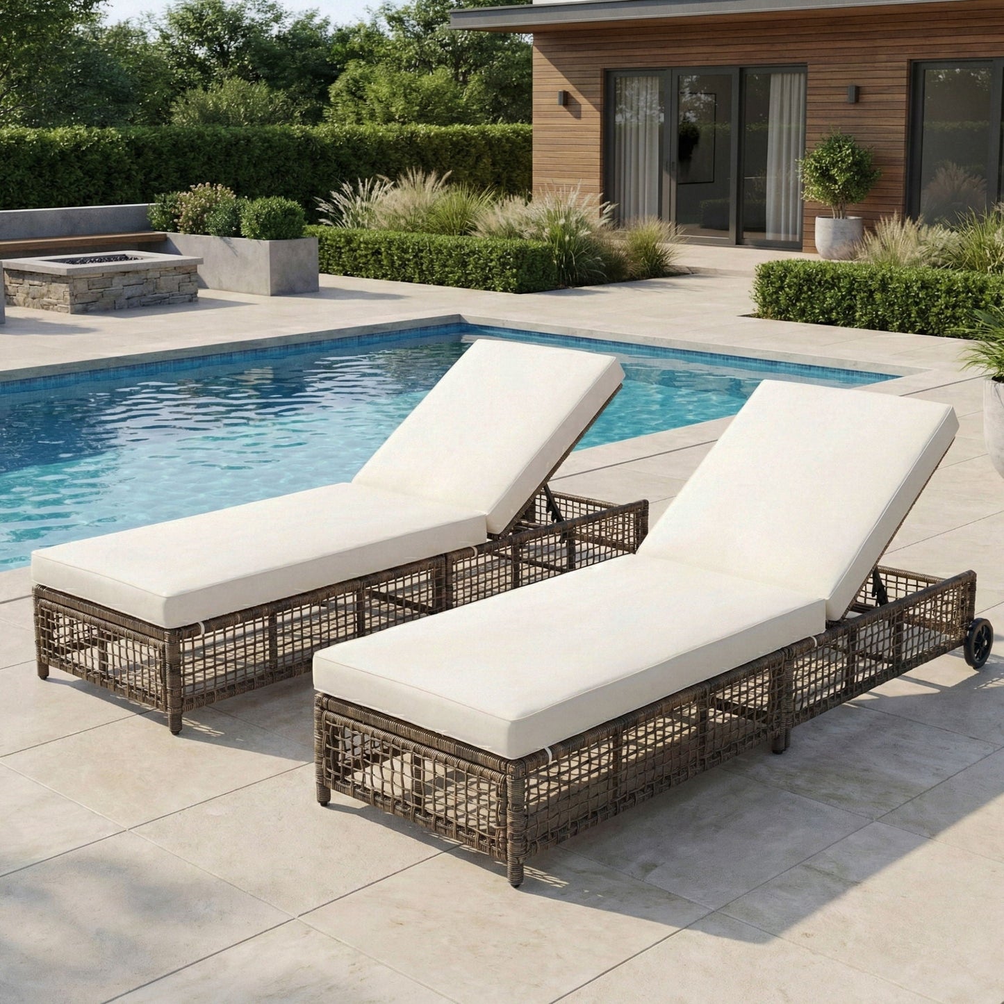 Outdoor wicker sunloungers with cushions, 5-position backrest, wheels by HouseOfZazla on Tampa Home & Garden Store