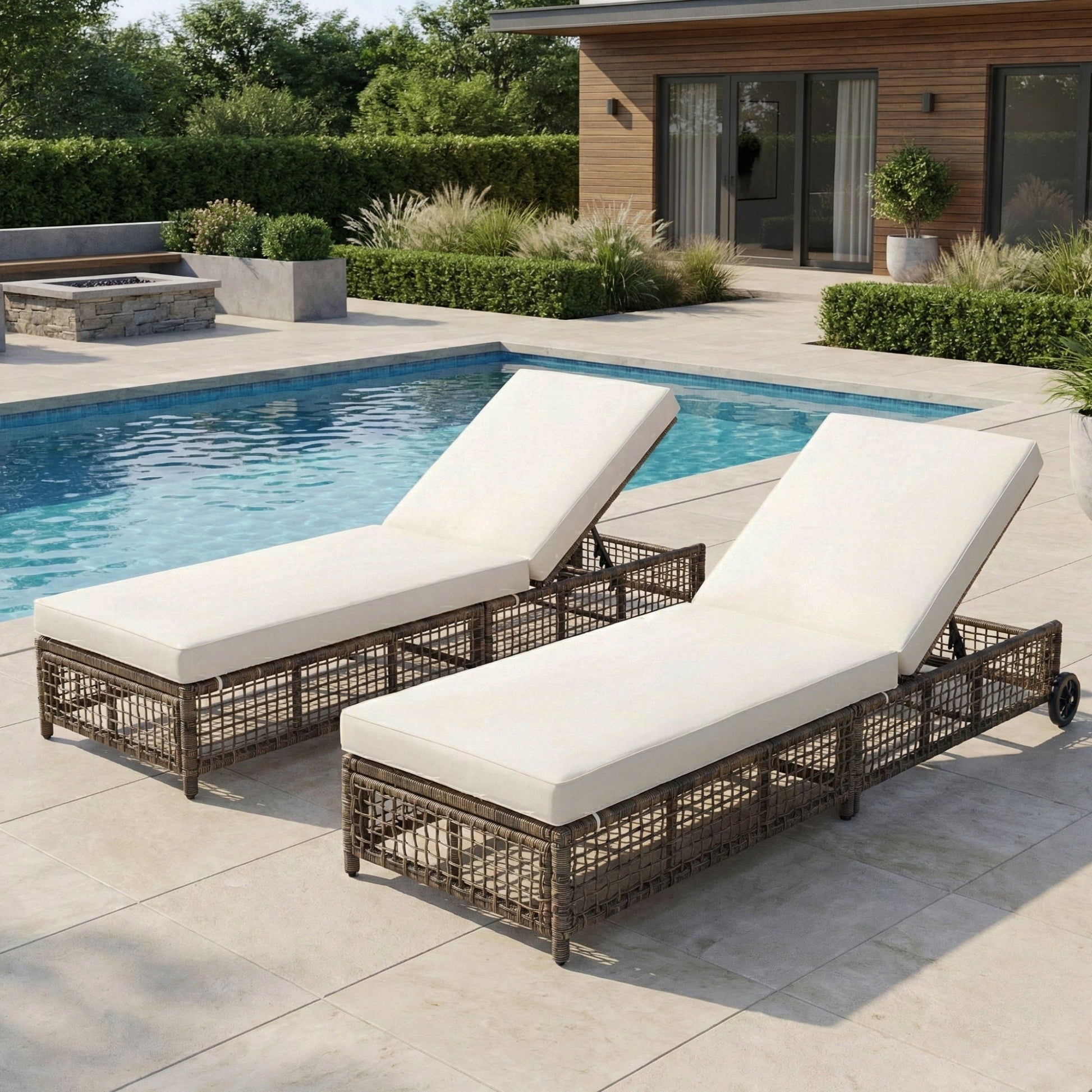 Outdoor wicker sunloungers with cushions, 5-position backrest, wheels by HouseOfZazla on Tampa Home & Garden Store
