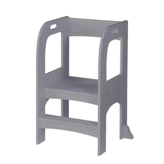 Child standing tower step stool for kids, gray wood with sides on Tampa Home & Garden Store