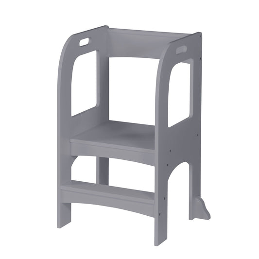 Child standing tower step stool for kids in gray with side cutouts on Tampa Home & Garden Store