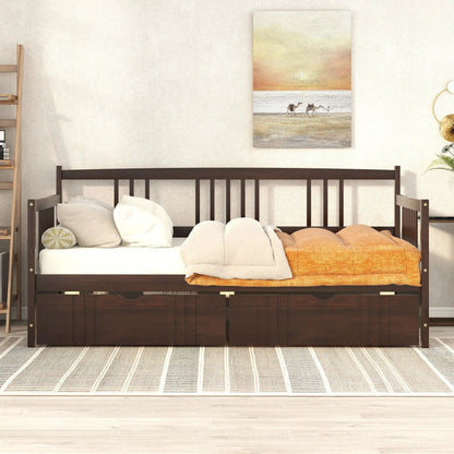 Multifunctional Daybed storage bed in dark wood with orange throw blanket on Tampa Home & Garden Store