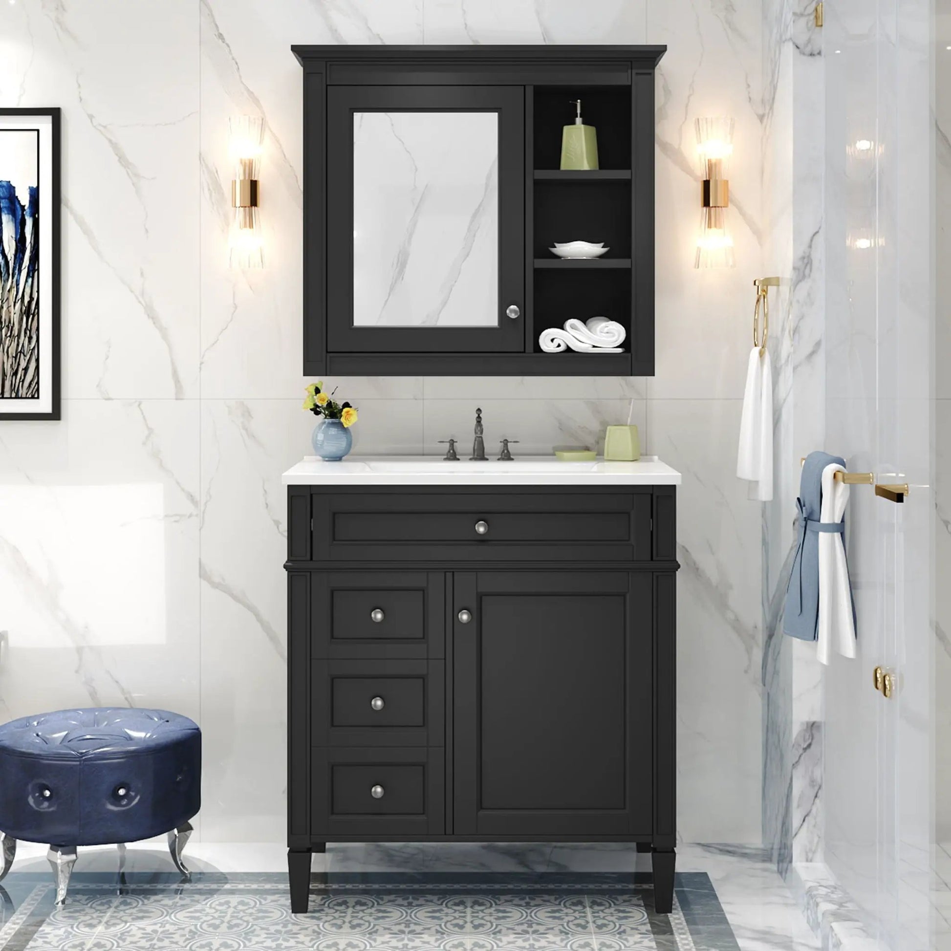 Bathroom vanity with medicine cabinet, black finish, 2 doors and 4 drawers on Tampa Home & Garden Store