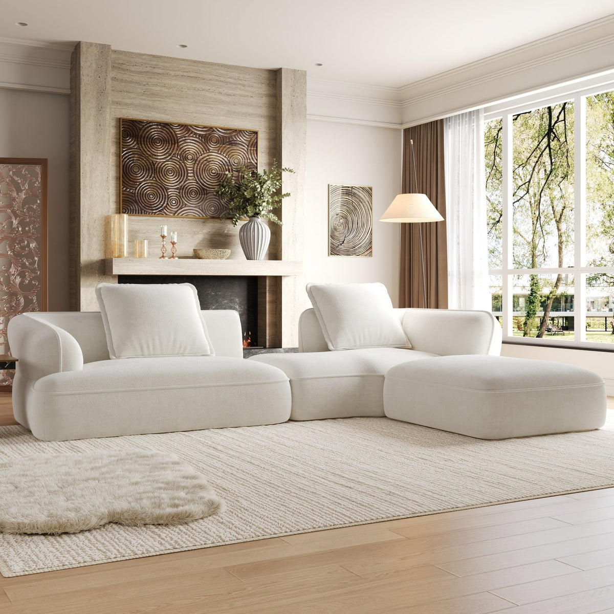 122-inch L-shaped sectional sofa with chaise, white fabric, high-density foam seating on Tampa Home & Garden Store
