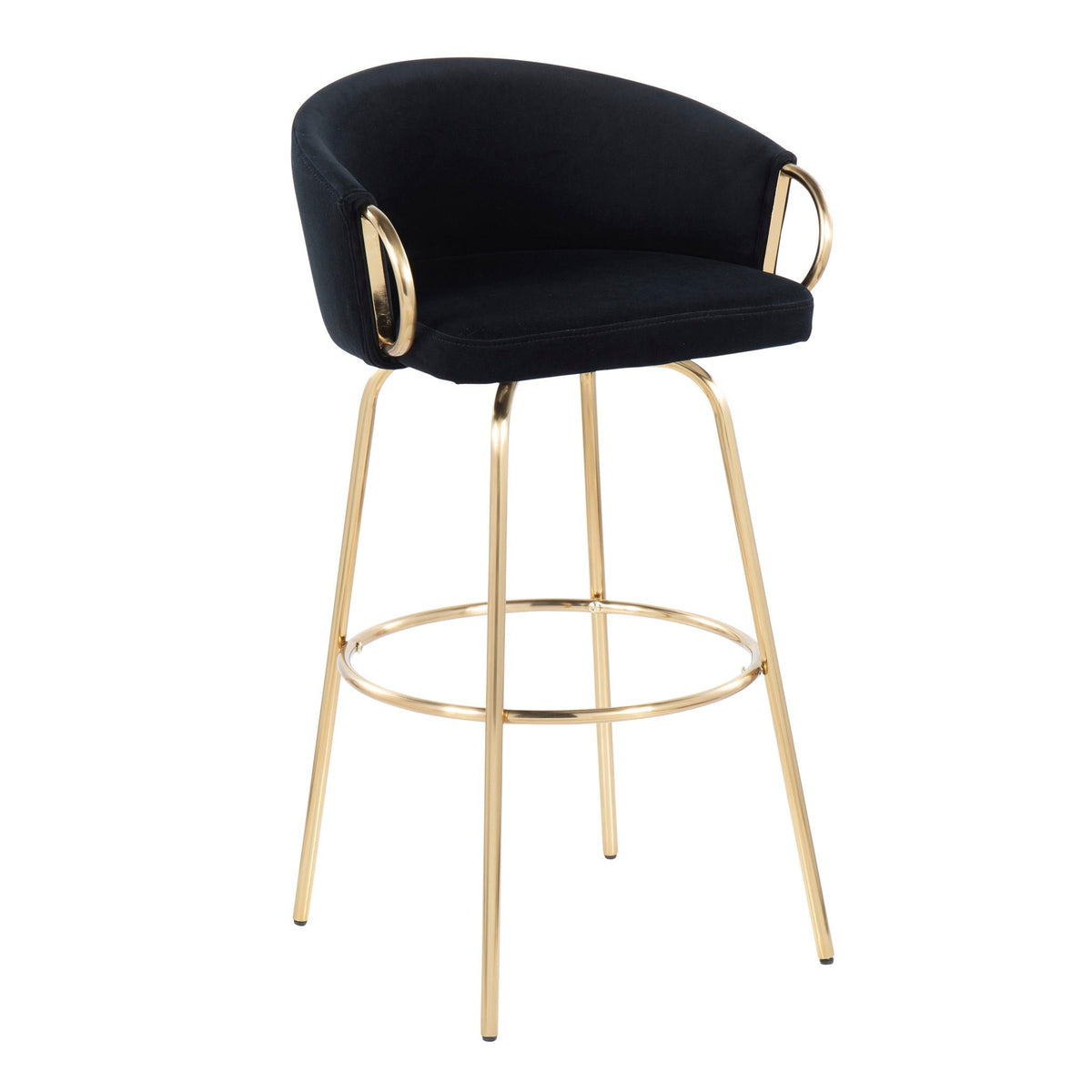 Claire Contemporary Fixed Height Bar Stool Set in black velvet with gold metal footrest on Tampa Home & Garden Store