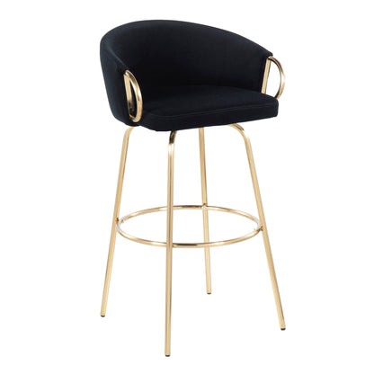 Claire Contemporary Fixed Height Bar Stool Set in black velvet with gold metal footrest on Tampa Home & Garden Store