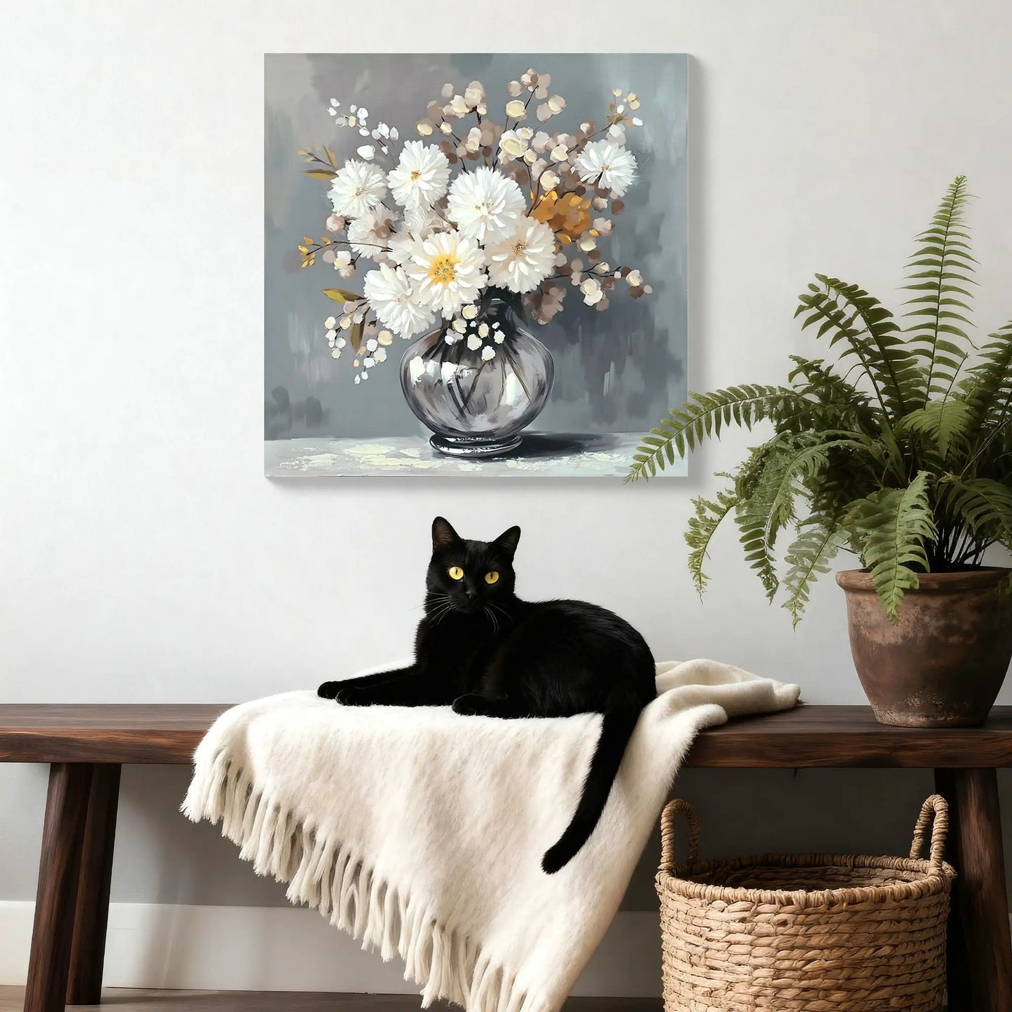 Chrysanthemum Vase Canvas Art with stone-white flowers in a clear glass vase on a gray backdrop on Tampa Home & Garden Store