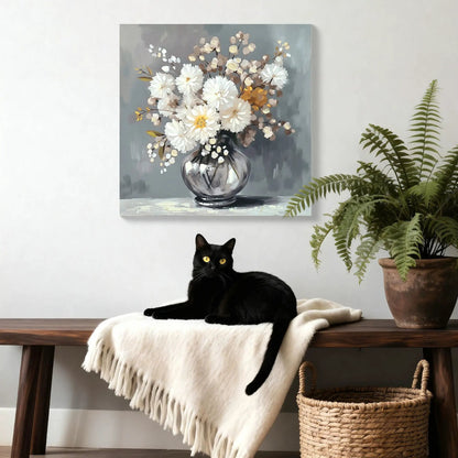 Chrysanthemum Vase Canvas Art with stone-white flowers in a clear glass vase on a gray backdrop on Tampa Home & Garden Store