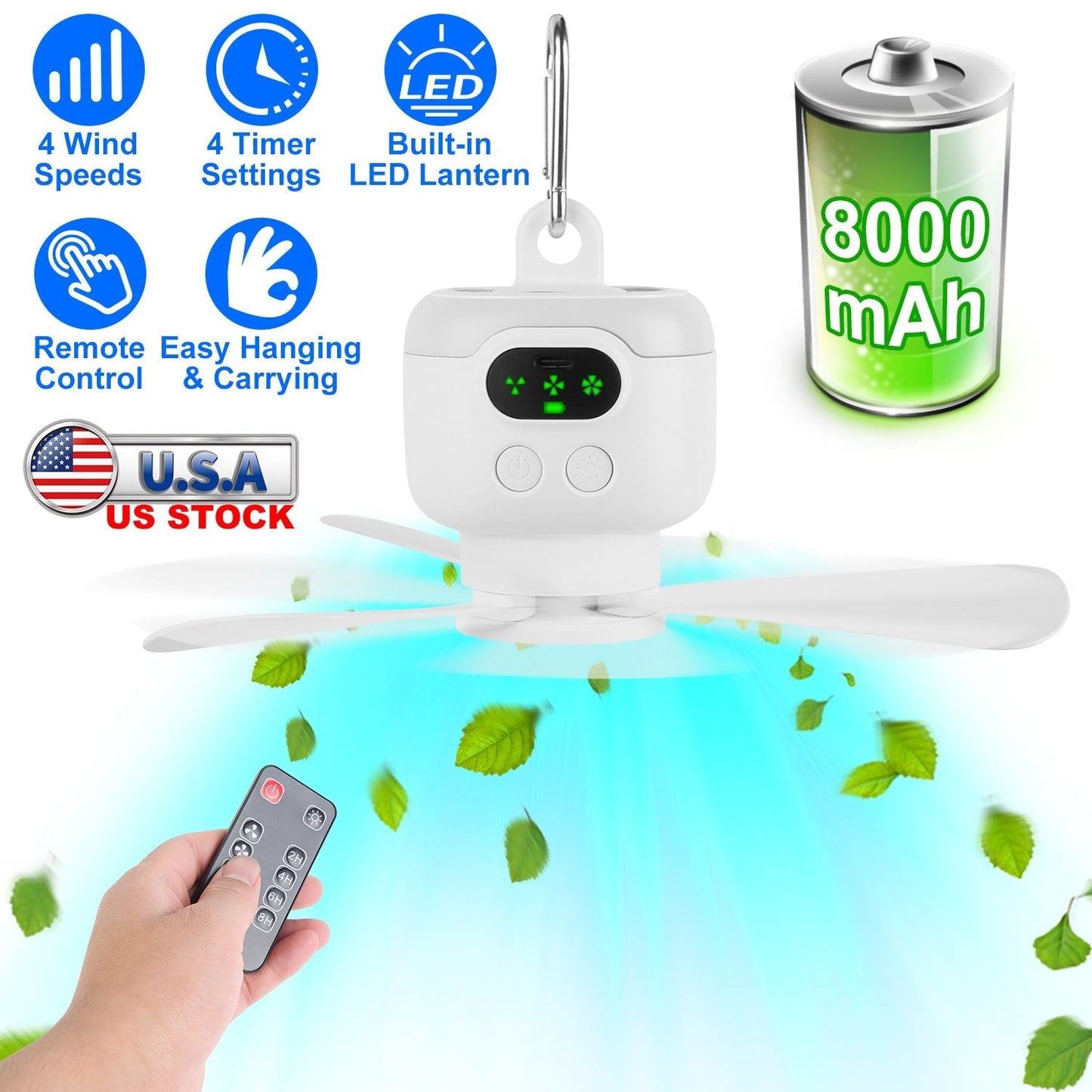 2 In 1 Portable Camping Fan with LED Lantern, white unit with carabiner and remote control on Tampa Home & Garden Store