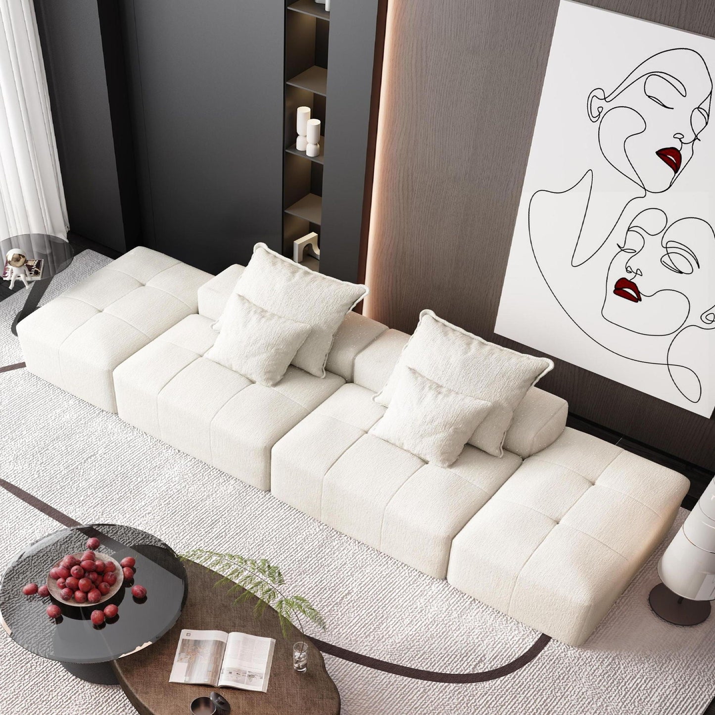 Modern oversized DIY modular sectional sofa with pillows, white fabric upholstery on Tampa Home & Garden Store