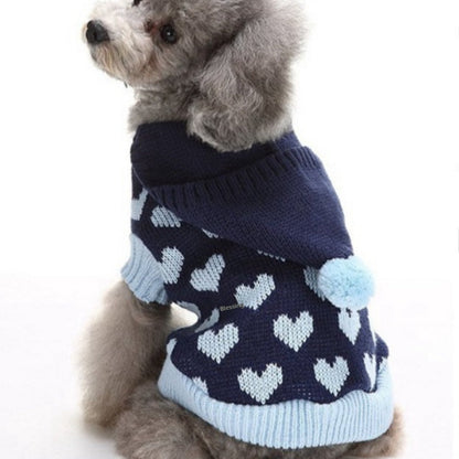 Christmas maple snowflake turtleneck knitted dog sweater navy with light blue cuffs and pom on Tampa Home & Garden Store