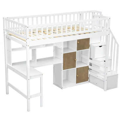 Loft bed with built-in L-shaped desk, staircase and open storage shelves in white finish on Tampa Home & Garden Store