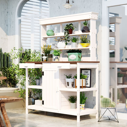 Topmax 66in outdoor farmhouse wooden potting bench by HouseOfZazla, white finish workstation on Tampa Home & Garden Store