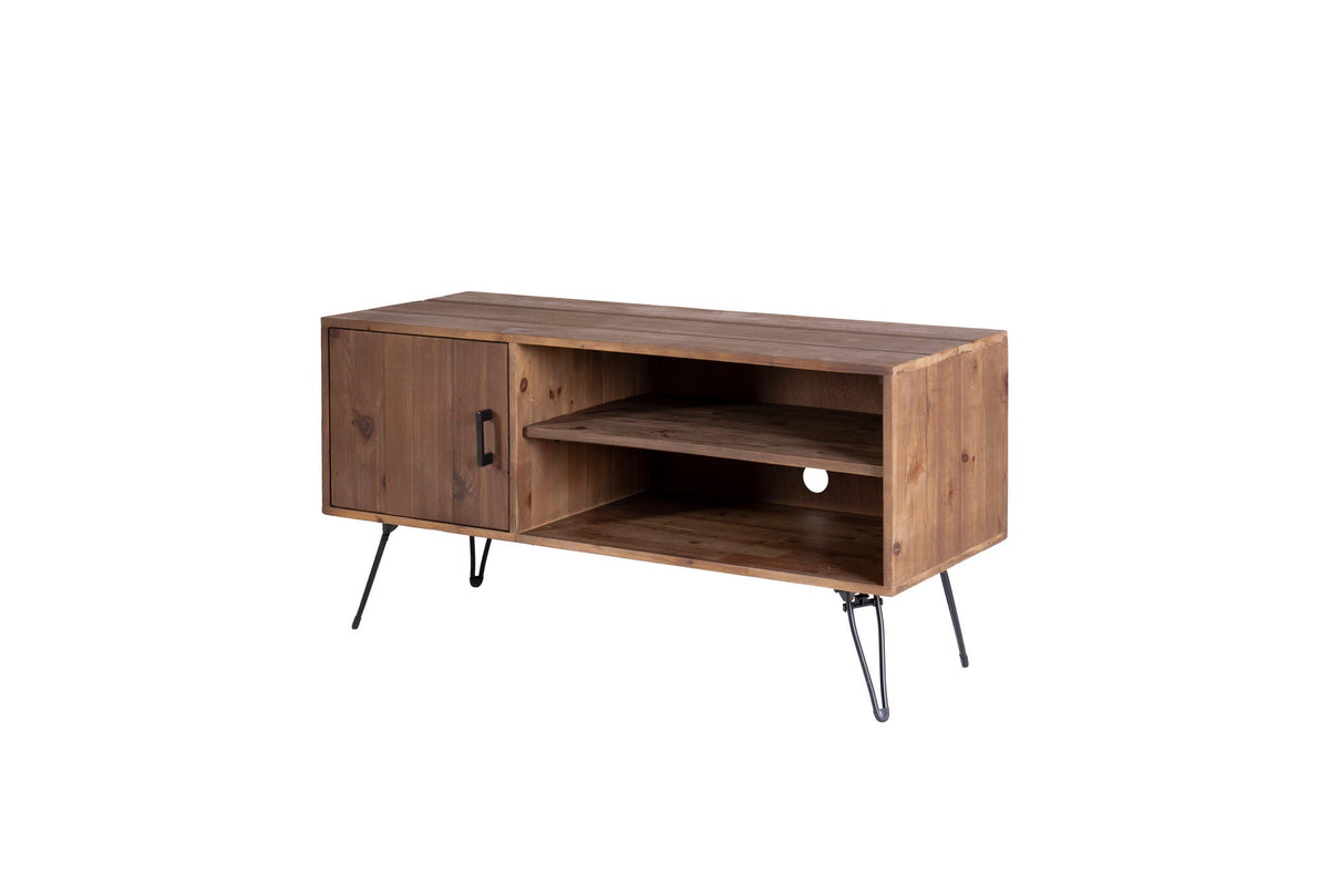 TV stand HouseOfZazla reclaimed wood with cabinet and open shelves, natural finish, hairpin legs on Tampa Home & Garden Store