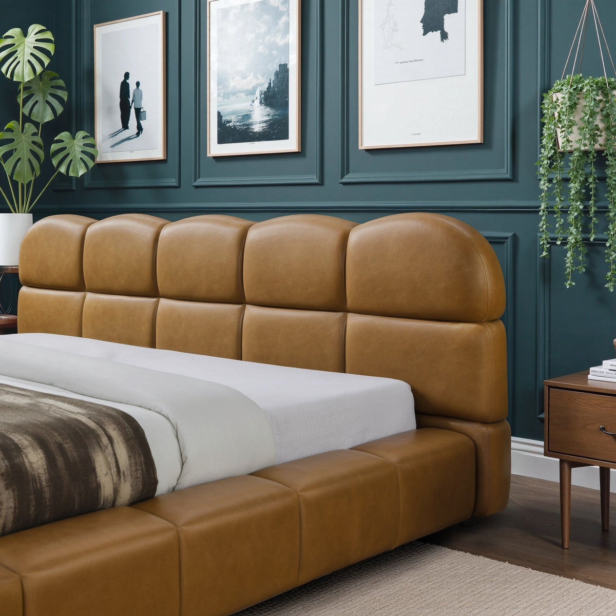 Roswell Luxurious King Size Platform Bed by HouseOfZazla in tan leather with platform frame on Tampa Home & Garden Store