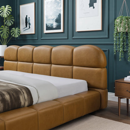 Roswell Luxurious King Size Platform Bed by HouseOfZazla in tan leather with platform frame on Tampa Home & Garden Store