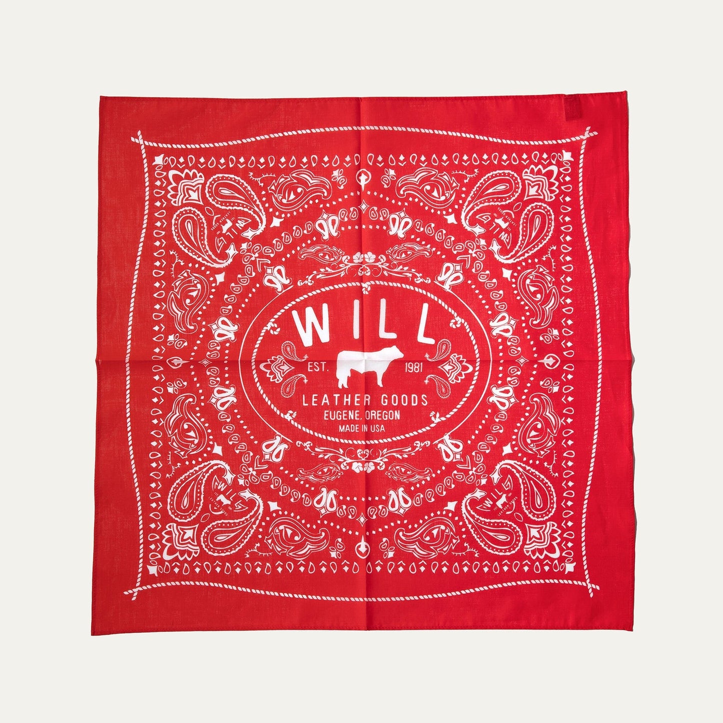 Will's Bandana red bandana with white paisley print and Will Leather Goods logo on Tampa Home & Garden Store
