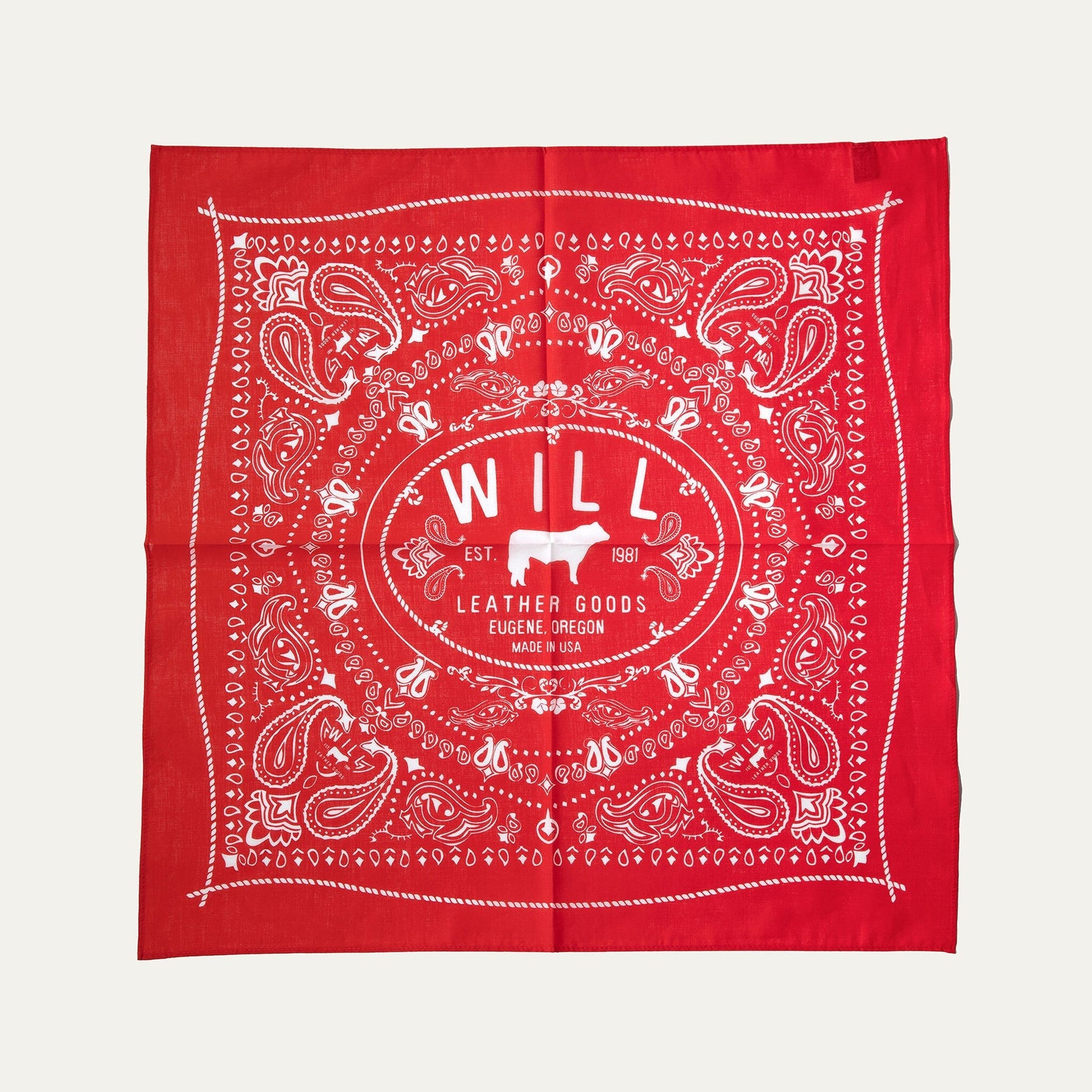 Will's Bandana red bandana with white paisley print and Will Leather Goods logo on Tampa Home & Garden Store