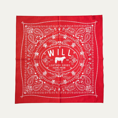 Will's Bandana red bandana with white paisley print and Will Leather Goods logo on Tampa Home & Garden Store