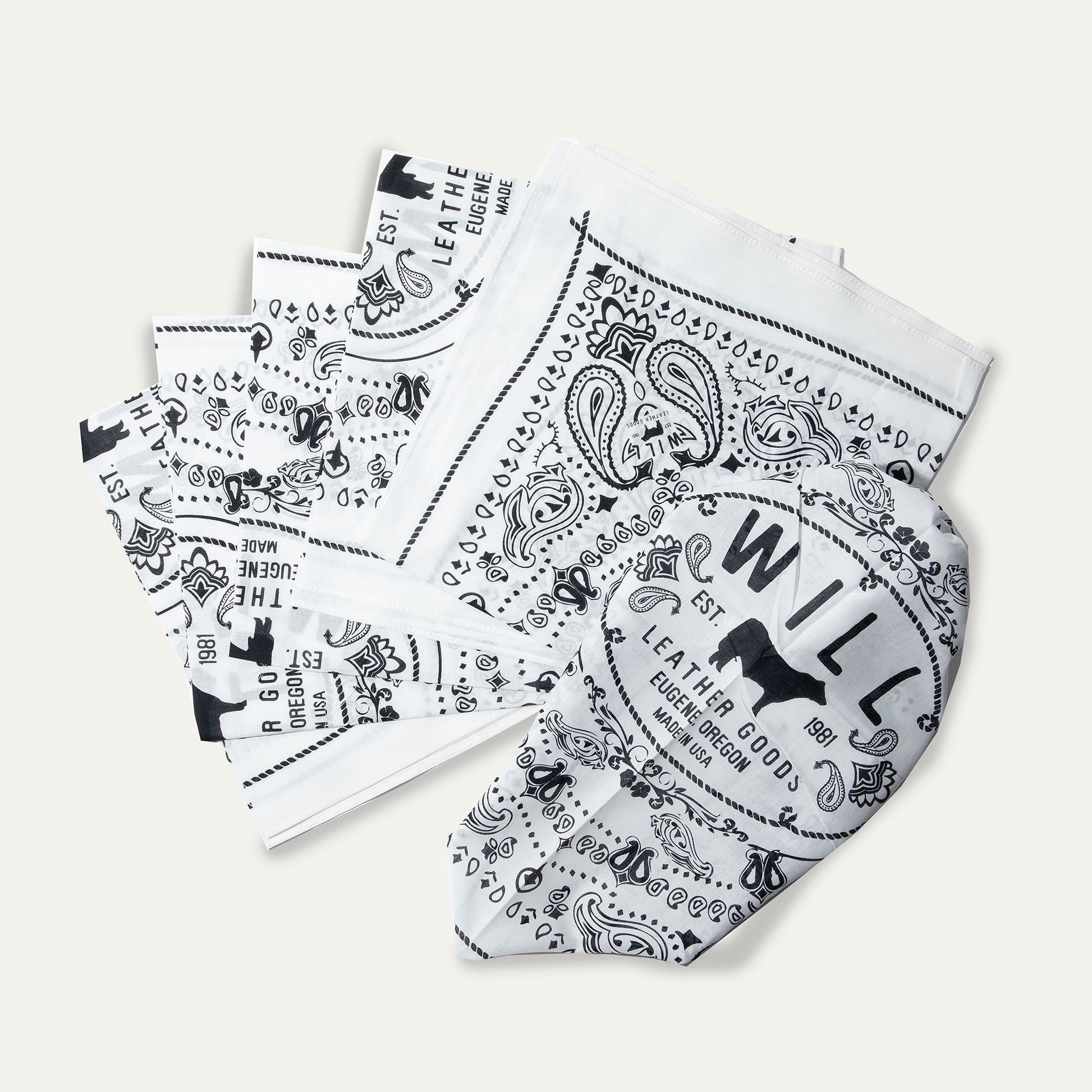 Will's Bandana white bandana with black paisley print by Will Leather Goods on Tampa Home & Garden Store