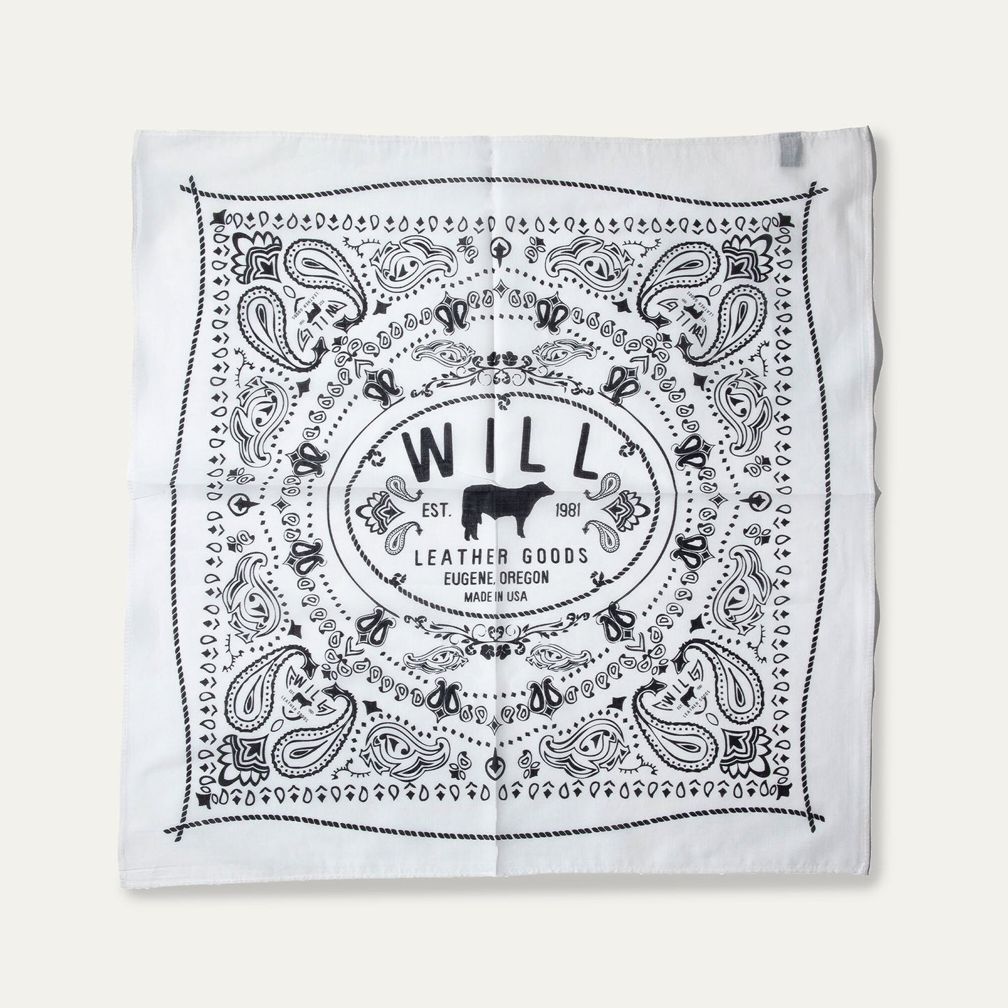 Will's Bandana from Will Leather Goods, white bandana with black paisley print on Tampa Home & Garden Store