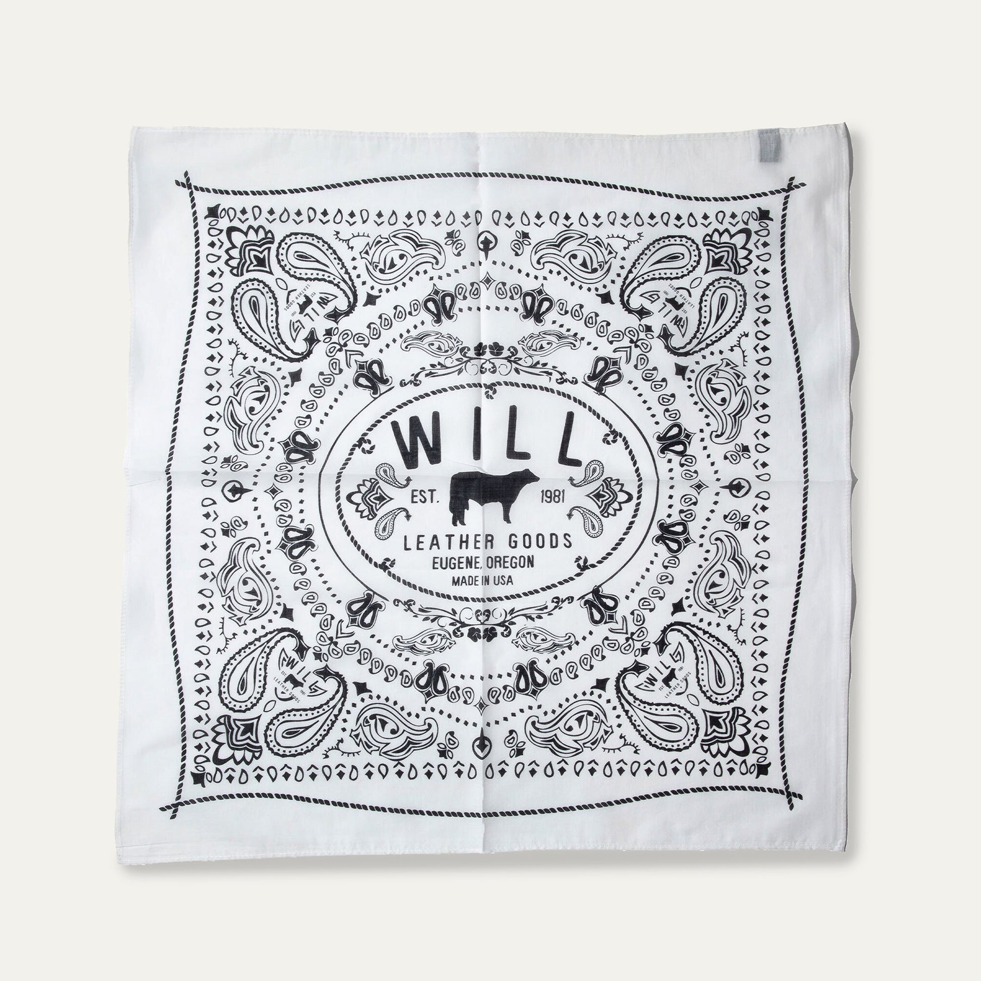 Will's Bandana from Will Leather Goods, white bandana with black paisley print on Tampa Home & Garden Store