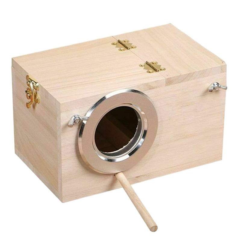 Wooden birdhouse natural wood finish with round metal port and wooden perch Sell My Stuff on Tampa Home & Garden Store