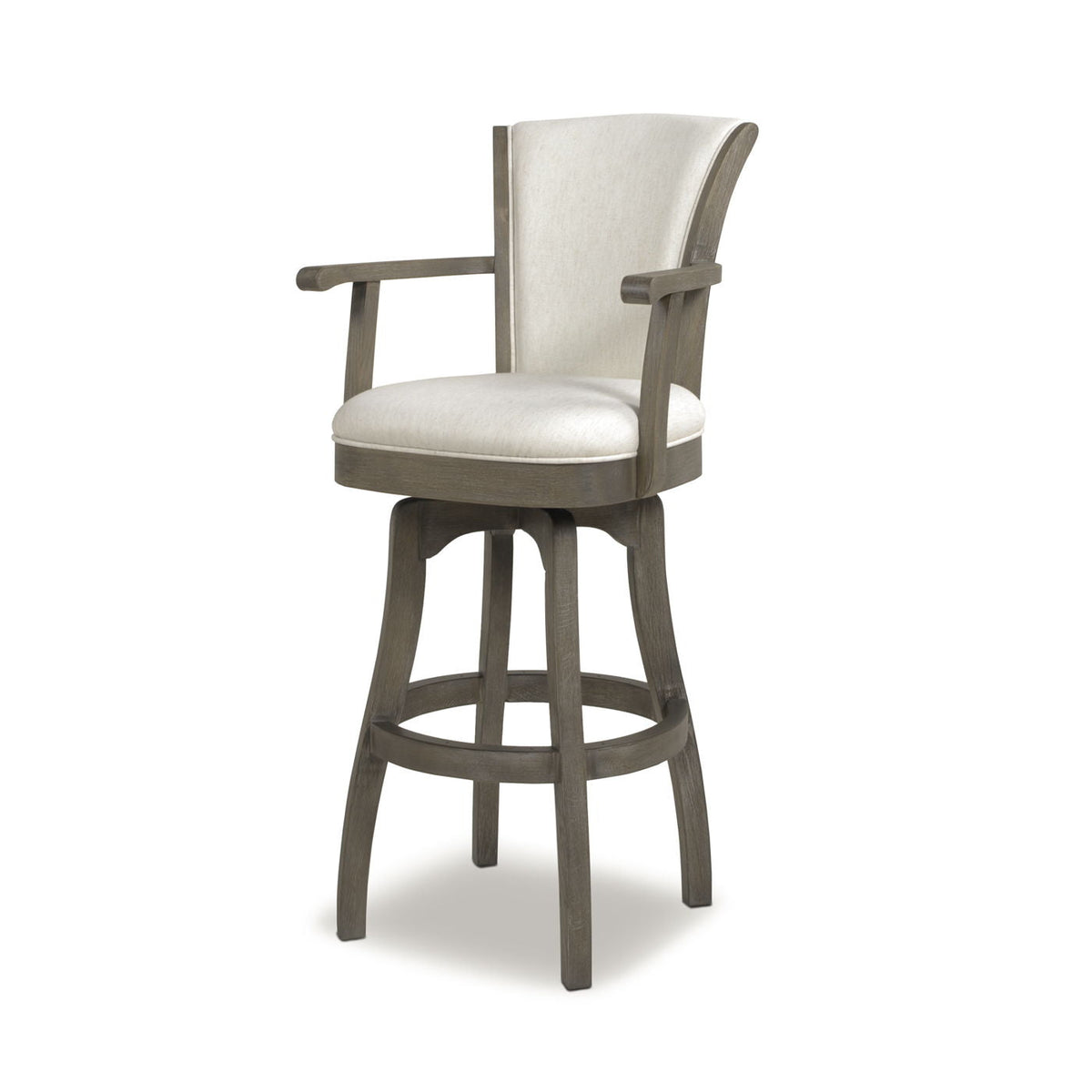 Williams Swivel Bar Stool with Armrests, solid hardwood frame in weathered gray, beige seat on Tampa Home & Garden Store
