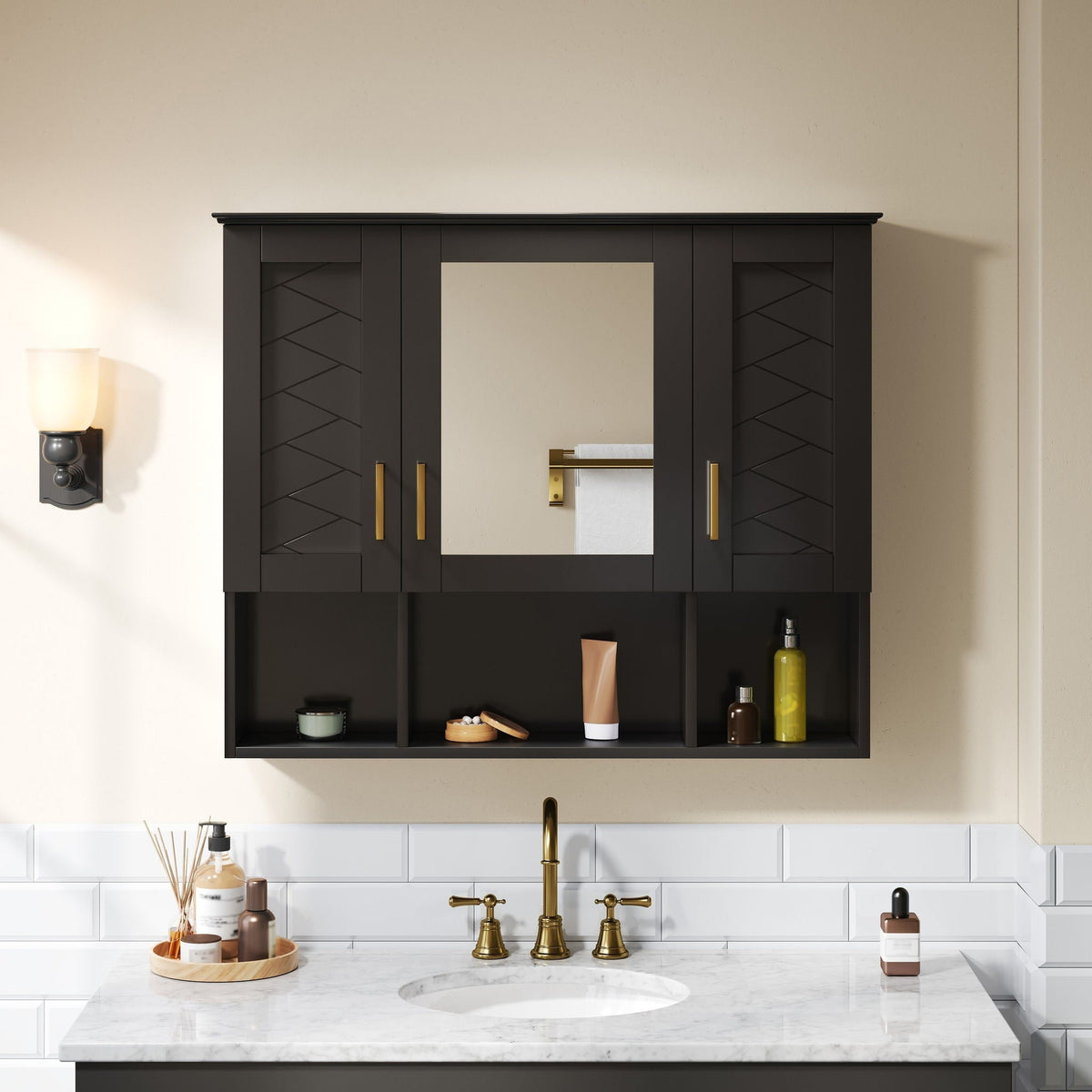 Modern wall mounted medicine cabinet in black with adjustable shelves and soft-close doors on Tampa Home & Garden Store