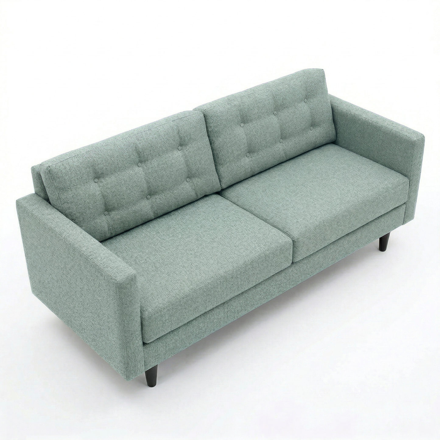 Talmadge Sofa in blue-green textured fabric with tufted back cushions and black tapered legs on Tampa Home & Garden Store