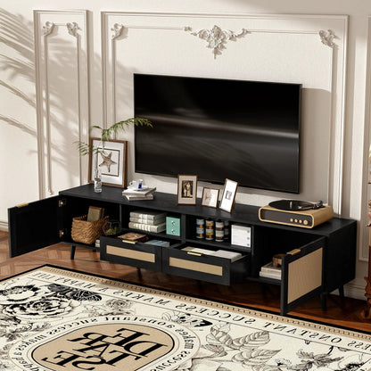 Rattan and Solid Wood TV Stand With Cable