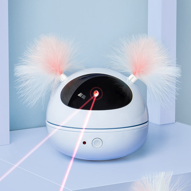 Automatic electric cat toy featuring spherical body with pink fluffy ears and red laser beams on Tampa Home & Garden Store