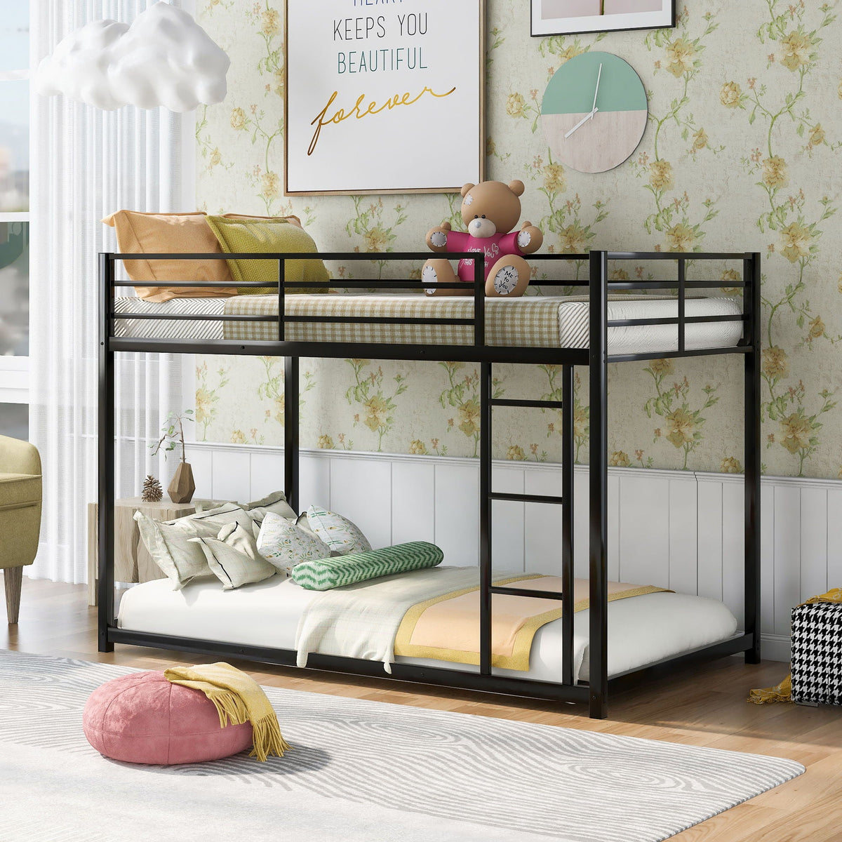Metal bunk bed low-profile with ladder in black finish by HouseOfZazla on Tampa Home & Garden Store