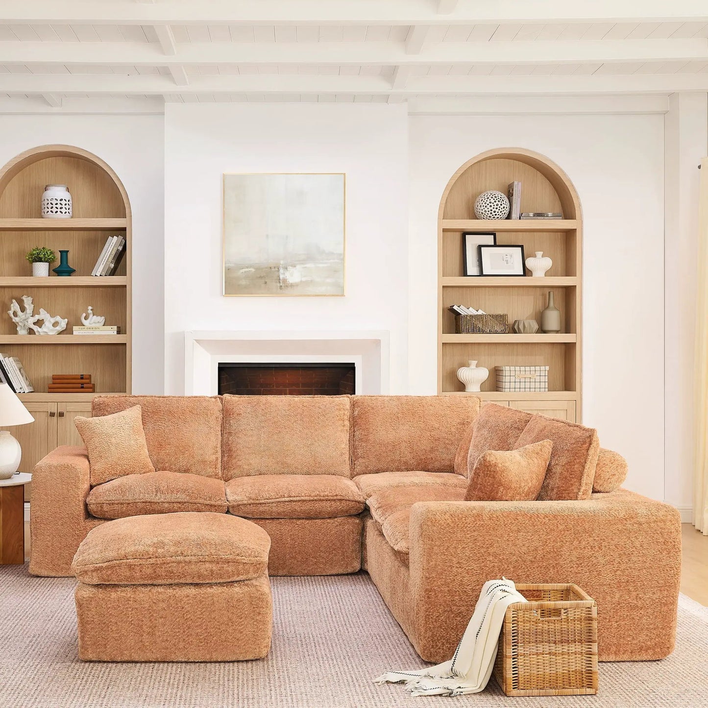 Sectional sofa with moveable ottoman in rust-orange textured fabric on Tampa Home & Garden Store