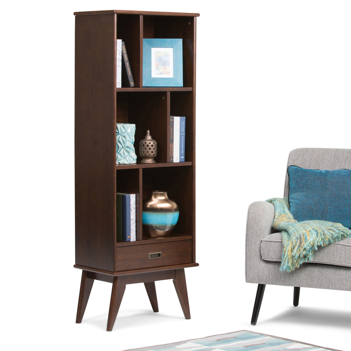 Mid Century Wide Bookcase and Storage Drawers with dark wood finish and open shelving on Tampa Home & Garden Store
