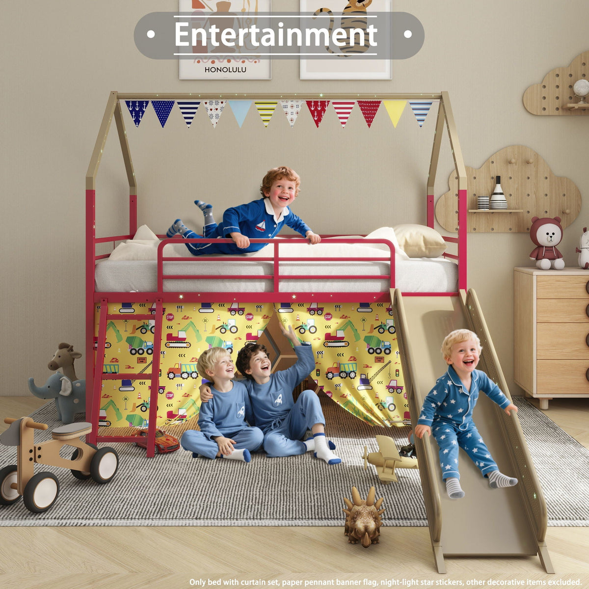 Jack - House Loft Bed With Slide And Curtain Set, pink frame with vehicle-print curtains on Tampa Home & Garden Store