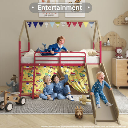 Jack - House Loft Bed With Slide And Curtain Set, pink frame with vehicle-print curtains on Tampa Home & Garden Store
