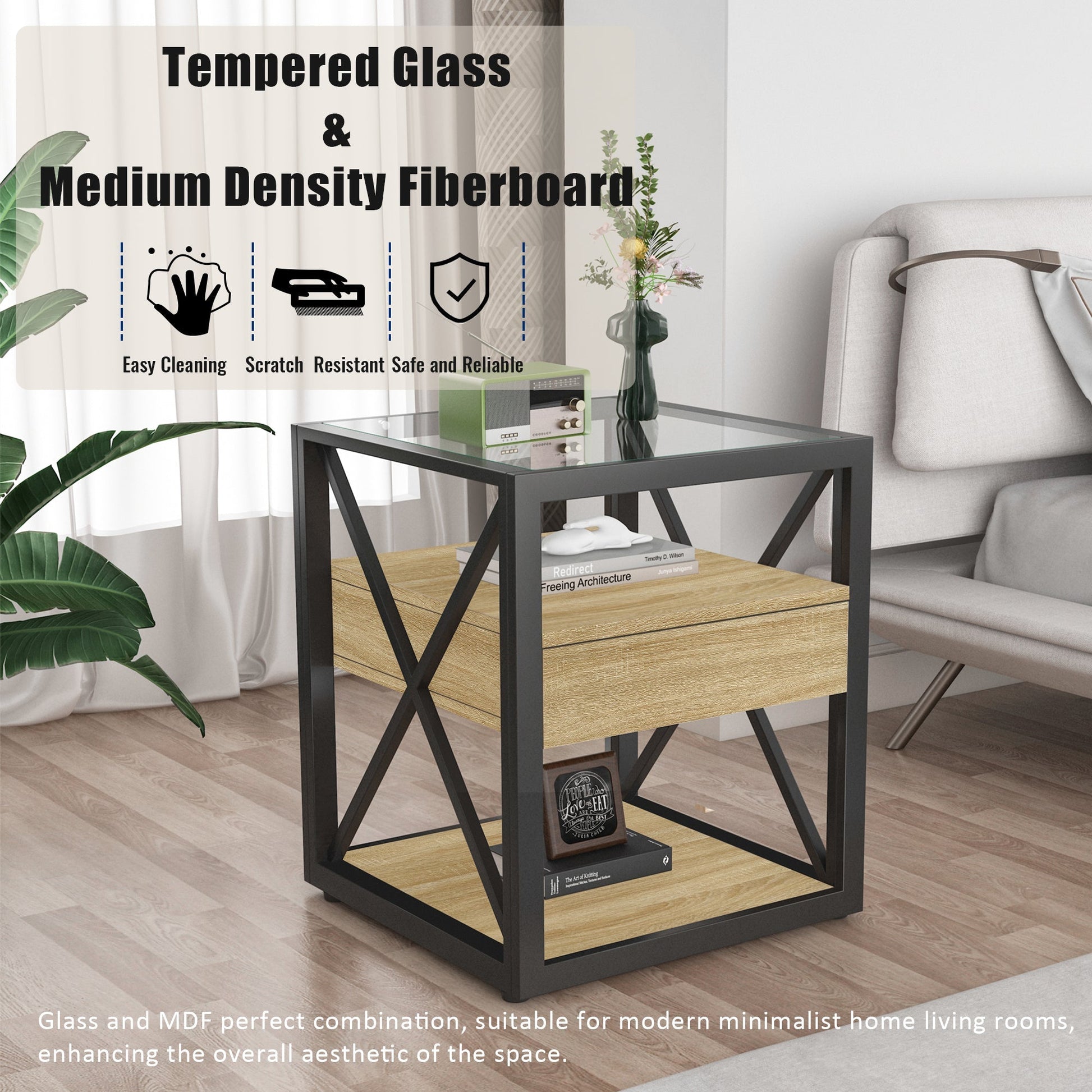 Set of 2 modern end tables with tempered glass tops and MDF shelves, black metal frame on Tampa Home & Garden Store
