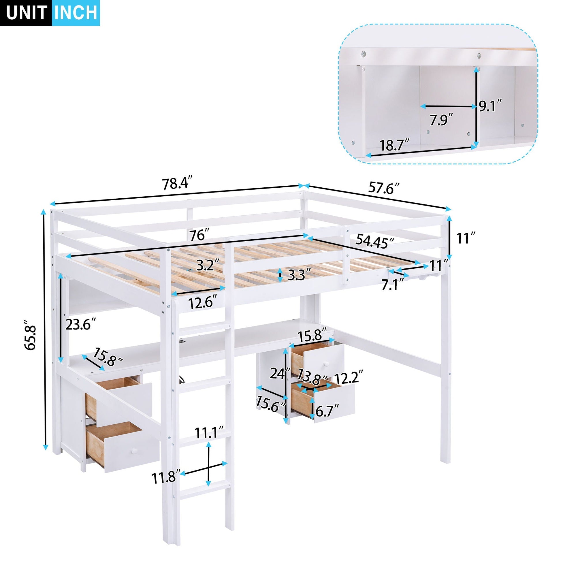 Loft bed with desk and built-in storage in white, includes drawers and shelves on Tampa Home & Garden Store