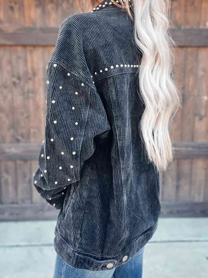 Women’s collared button-down jacket Stevvex with pearl bead accents on sleeves on Tampa Home & Garden Store