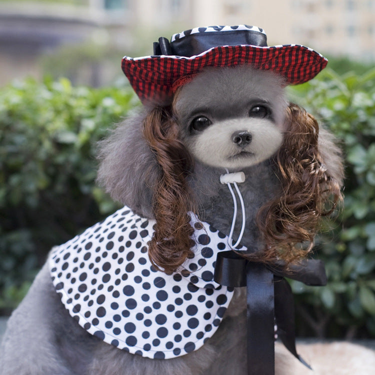 Pet Zen Christmas dog outfit: gray poodle in black-white polka bib with red plaid hat on Tampa Home & Garden Store