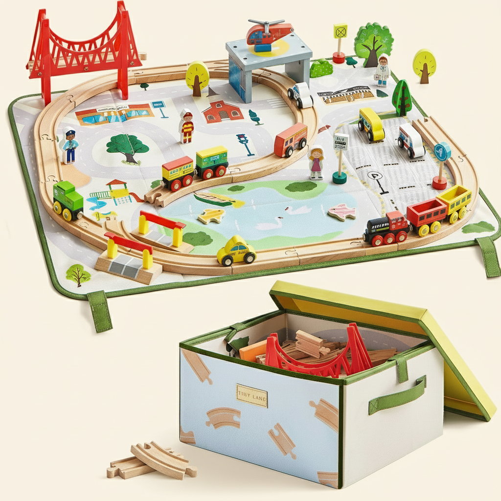Tiny Land 110-Piece Wooden Train Set with Folding Storage Box on a mat with red bridge and trains on Tampa Home & Garden Store